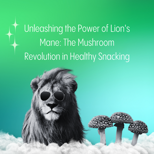 Blog cover featuring a lion with sunglasses and mushrooms, with the title "Unleashing the Power of Lion's Mane: The Mushroom Revolution in Healthy Snacking".