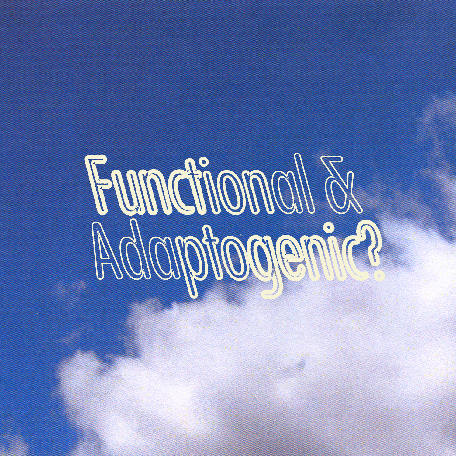 Text "Functional & Adaptogenic?" in white with a neon outline against a blue sky with clouds.