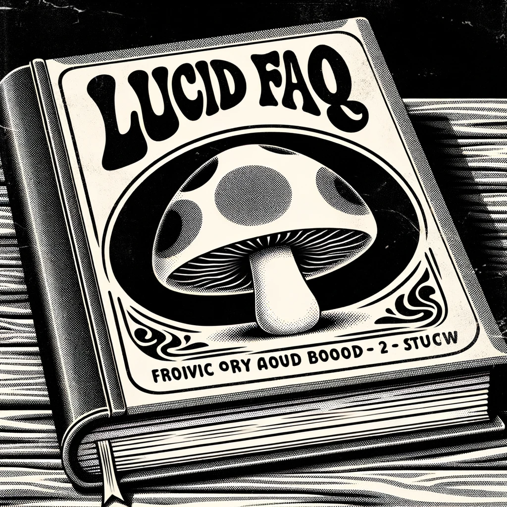 Lucid FAQ book with illustrated mushroom cover - Guide to Lucid's functional mushroom products