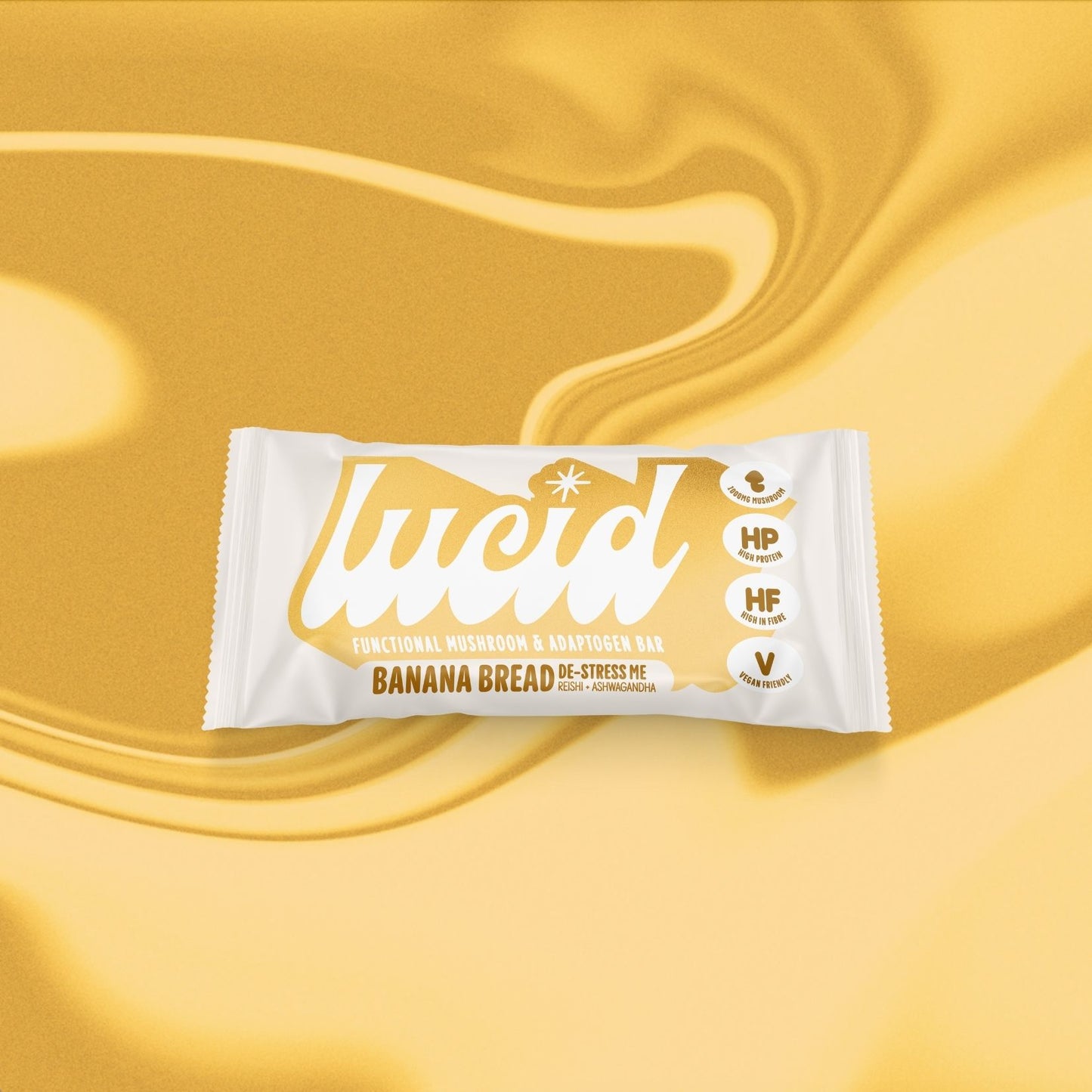 Lucid's stress reducing Banana Bread Snack Bar infused with functional mushrooms and adaptogens.
