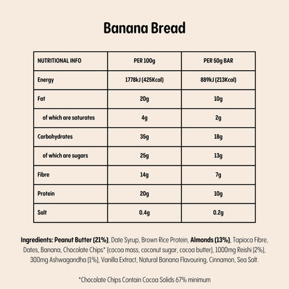  Lucid's Banana Bread bar info: ingredients with Peanut Butter, Almonds, Reishi, Ashwagandha.
