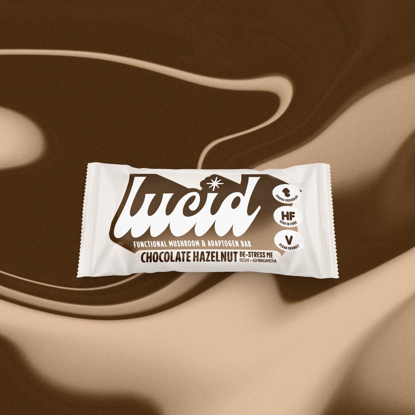 Lucid's stress reducing Chocolate Hazelnut Snack Bar infused with functional mushrooms and adaptogens.