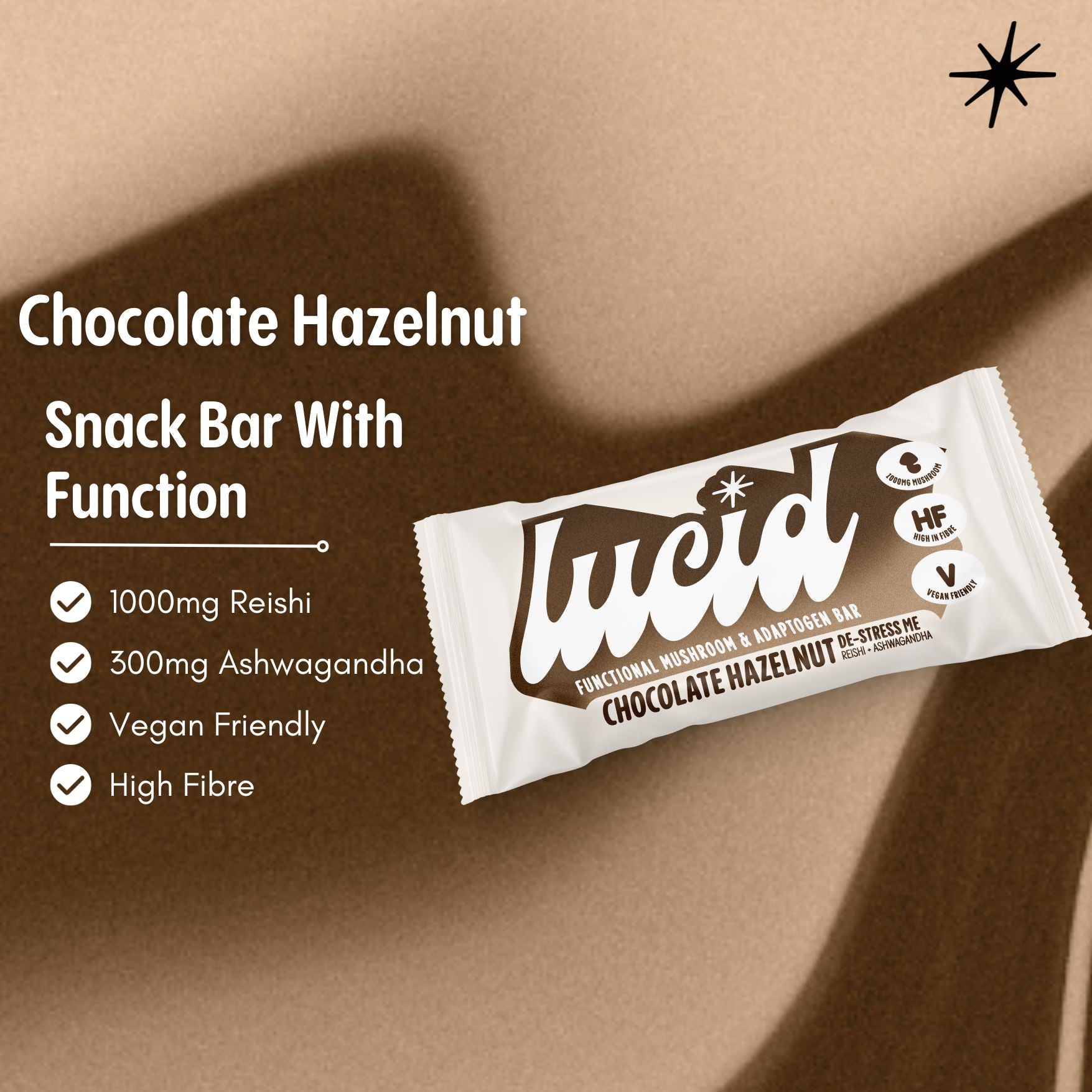Lucid bar with distinct chocolate hazelnut swirl pattern backdrop, highlighting key USPs like 'functional mushrooms and adaptogens', 'vegan friendly', and 'high-fibre'. Premium health snack for mindful consumption.