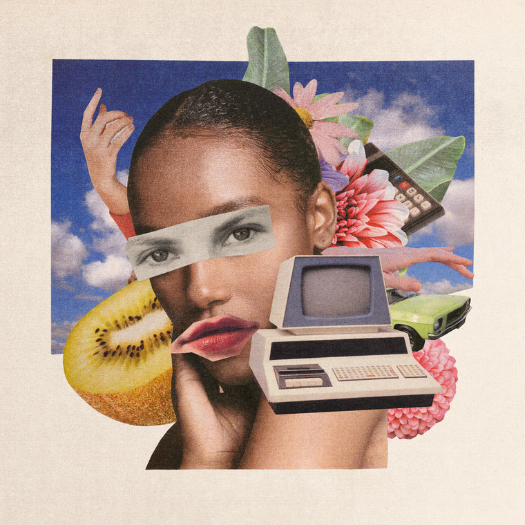 Collage image layering multiple elements to give a vintage but trippy vibe to the artwork. 