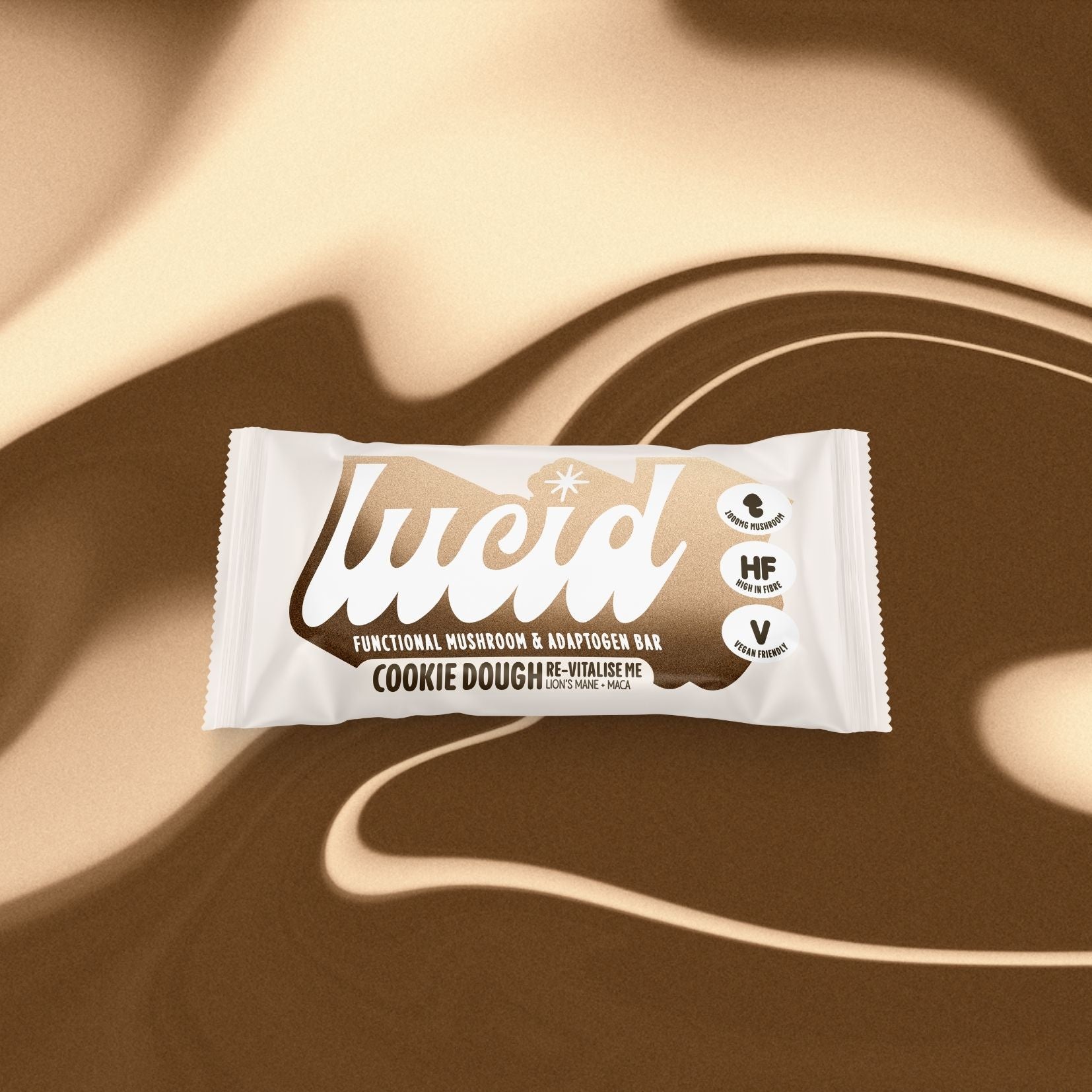 Lucid's energy boosting Cookie Dough Snack Bar infused with functional mushrooms and adaptogens.