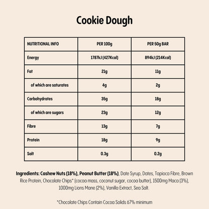 Lucid Cookie Dough bar: nutritional content and key ingredients including Cashew Nuts, Peanut Butter, Lions Mane, Maca.