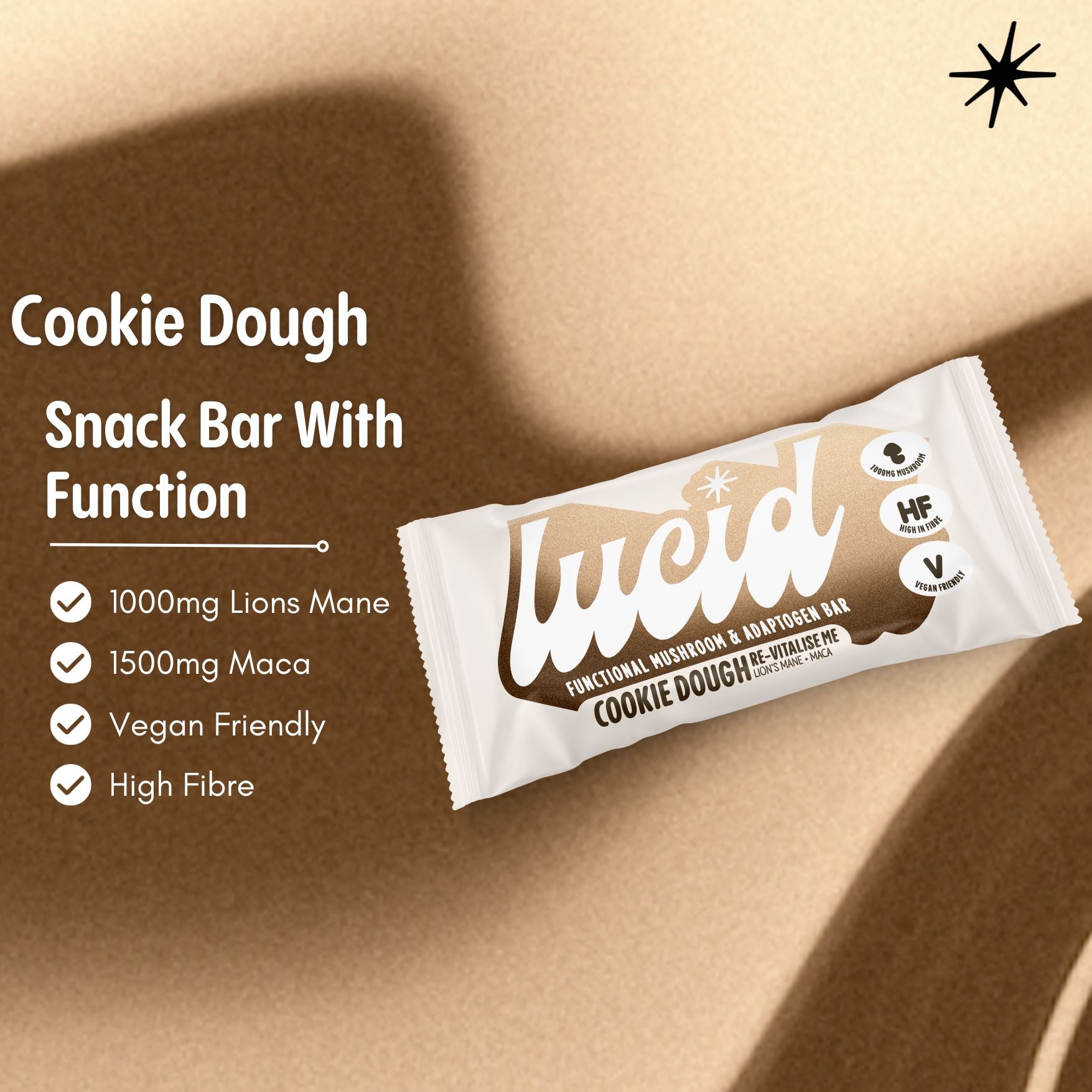 Lucid bar with distinct cookie dough swirl pattern backdrop, highlighting key USPs like 'functional mushrooms and adaptogens', 'vegan friendly', and 'high-fibre'. Premium health snack for mindful consumption.