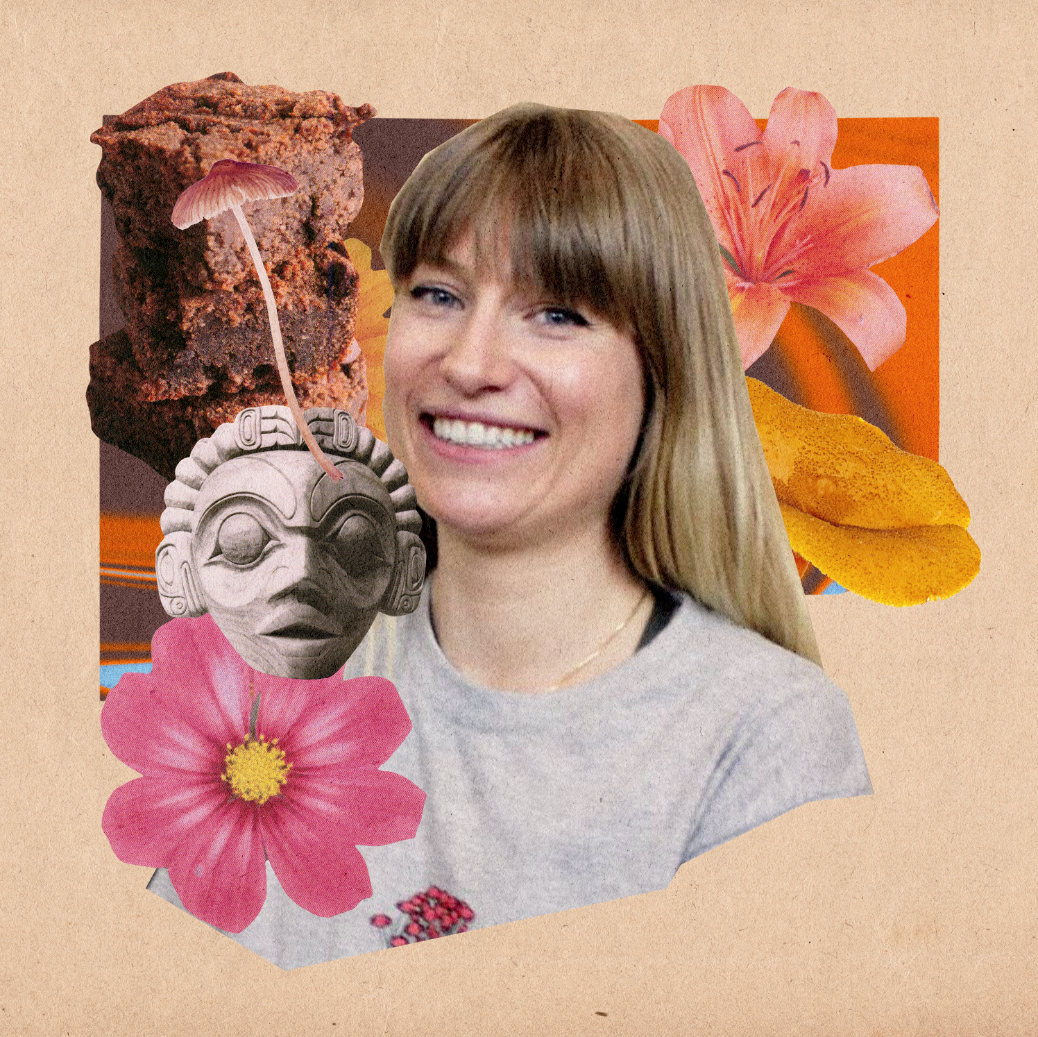 Lucid collage artwork featuring our founder and CEO, Csilla, with different collage elements layered including a flower, ancient headstone, mushrooms and sweet treats. 