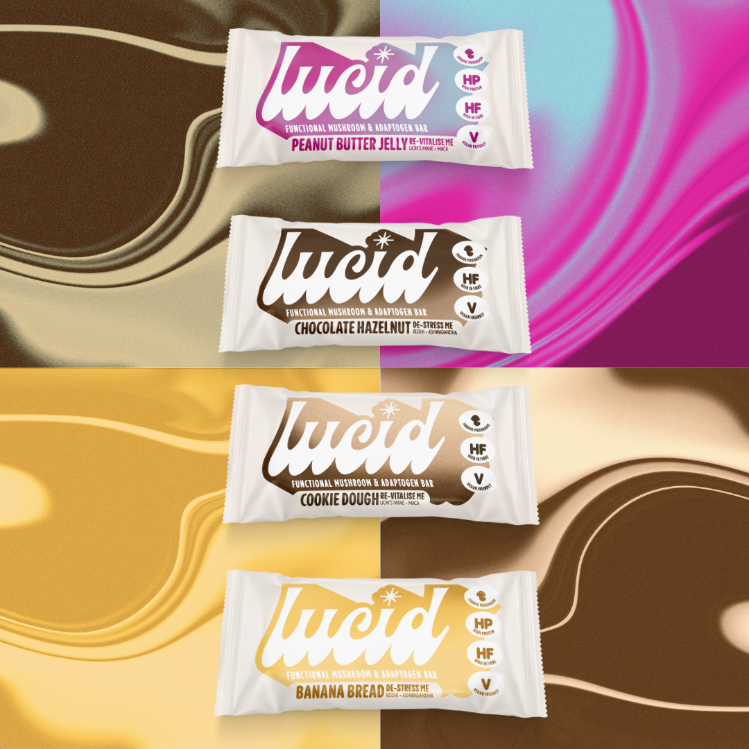 Bundle of four Lucid bars, each with its unique flavour swirl pattern in every corner, showcasing the delicious range of flavours to choose from.