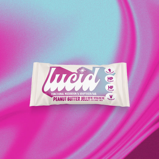 Lucid's energy boosting Peanut Butter and Jelly Snack Bar infused with functional mushrooms and adaptogens.