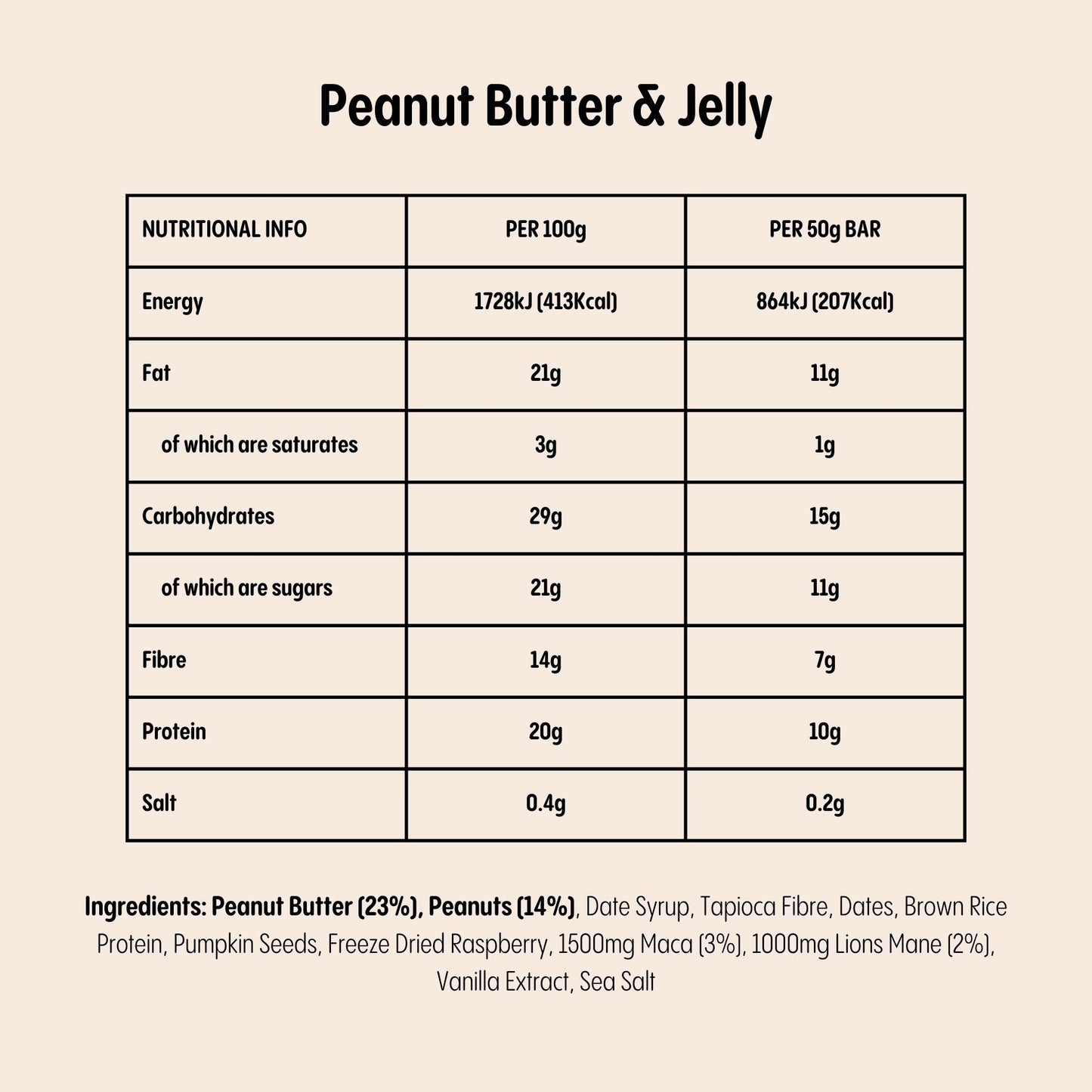 Lucid PB&J bar details: with Peanut Butter, Peanuts, Maca, Lions Mane. Nutrient-rich and flavourful..