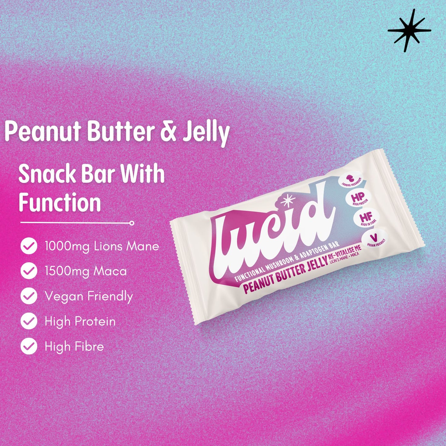 Lucid bar with distinct peanut butter and jelly swirl pattern backdrop, highlighting key USPs like 'functional mushrooms and adaptogens', 'vegan friendly', and 'high-fibre'. Premium health snack for mindful consumption.